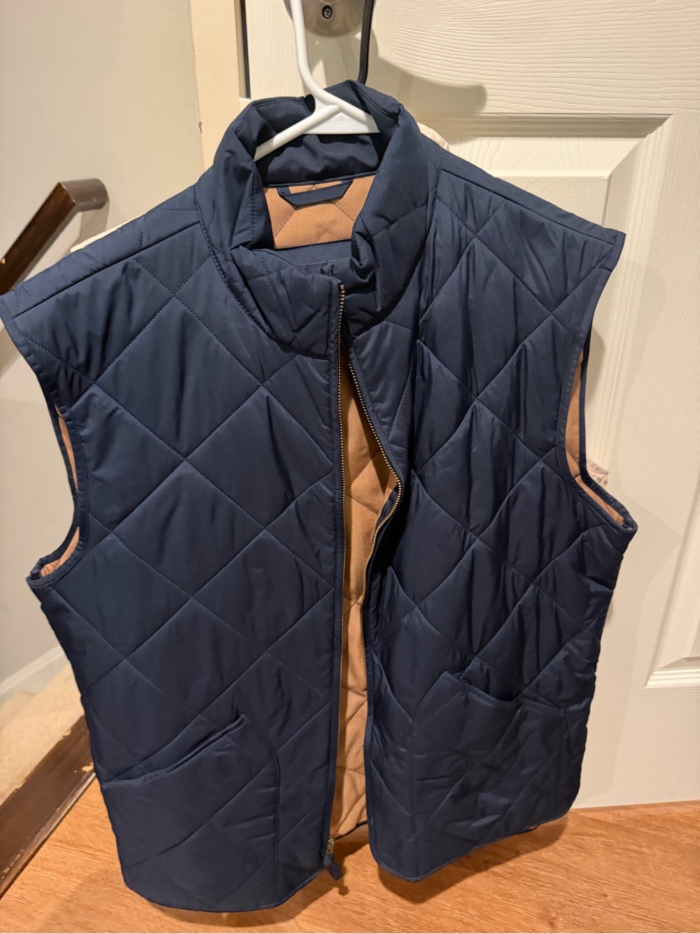 J. Crew Quilted Navy Vest with Tan Interior
